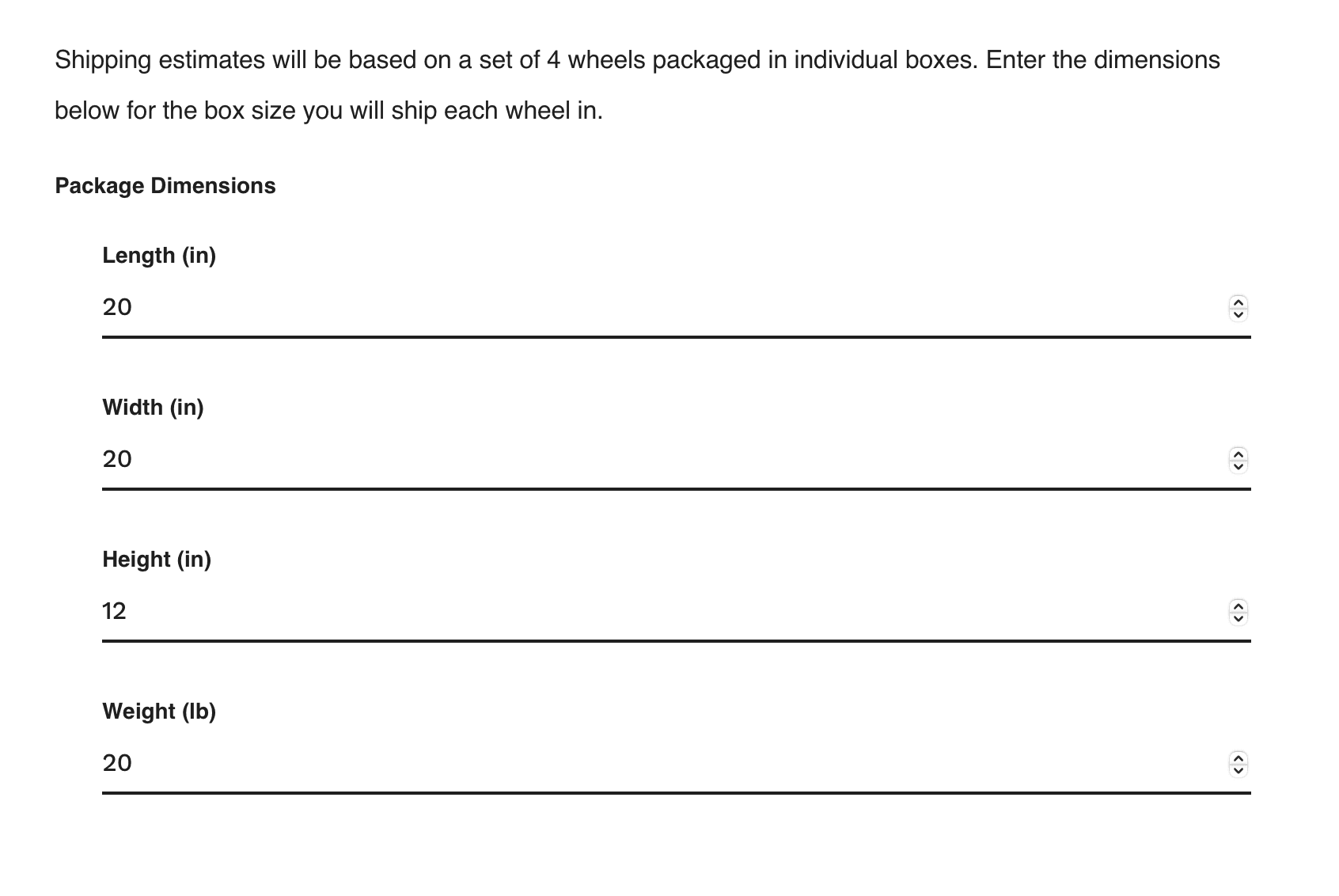Screenshot showing shipping dimensions input form for wheel listings