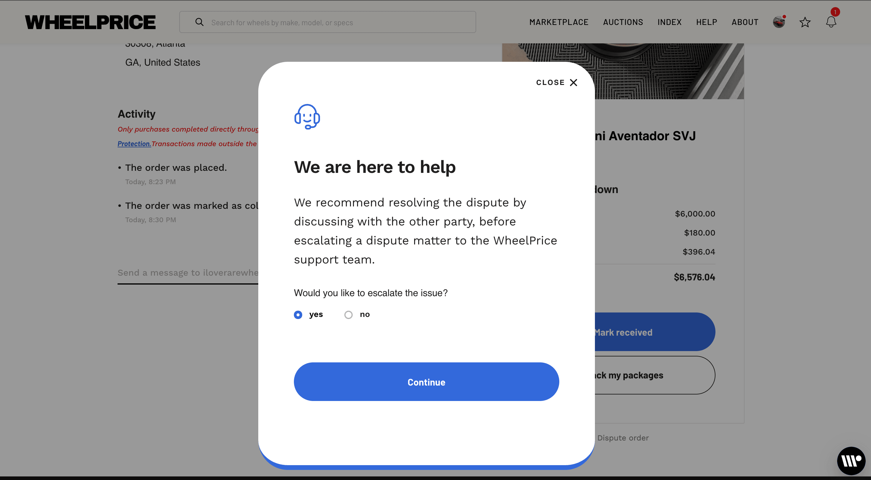 Screenshot showing how to access dispute option from buyer's transaction view