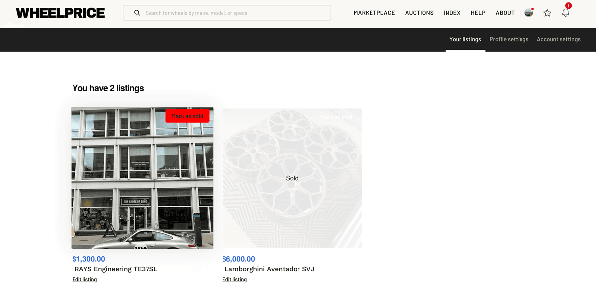 Screenshot showing how to mark a listing as sold from the My Listings page